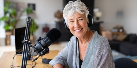 A senior woman hosting a podcast, smiling confidently into a microphone in a home studio setup.