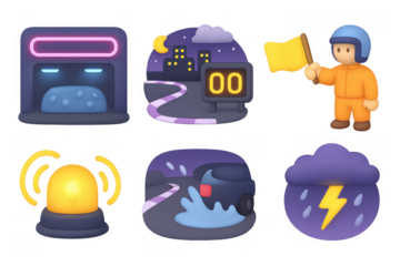 Night racing icons collection for design and illustration with neon and simplistic style