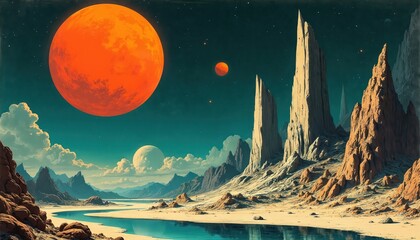Retro sci-fi illustration alien planet landscape with river under starry sky. Futuristic scene features planets moons rock formations. Vintage aesthetic for posters book covers print projects evokes