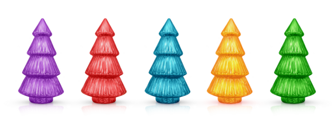 collection of colorful glass Christmas trees isolated on a transparent background