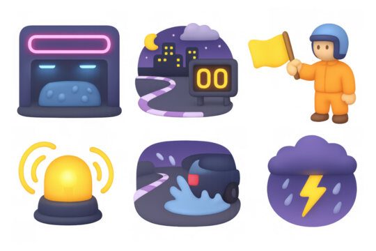 Night racing icons collection for design and illustration with neon and simplistic style