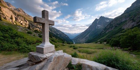 A stone crucifix overlooks a serene alpine valley, bathed in golden light at dusk. 