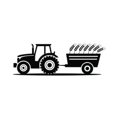 Obraz premium A black silhouette of a tractor pulling a trailer filled with wheat stalks.