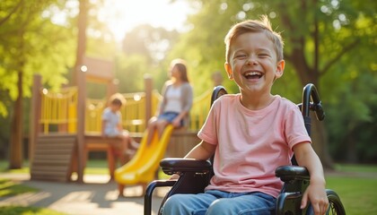 Joyful boy rides in wheelchair on playground. Child enjoys fun time with other kids outside. Kid in chair smile with sun shining on warm summer day. Family support.