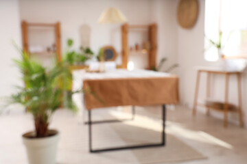 Blurred view of light spa salon with massage table, shelf units and plants
