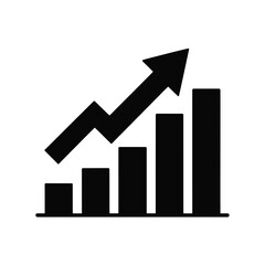 A black bar graph displays a positive upward trend with a jagged line chart.