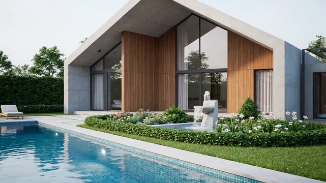 Modern Architectural Masterpiece Featuring a Gabled Roof and Expansive Glass Facade Overlooking a Pristine Swimming Pool and Lush Landscaped Gardens on a Sunny Day