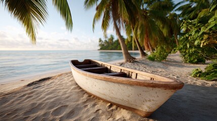 A timeworn canoe resting on a white sandy beach, framed by palm trees in golden morning light. 