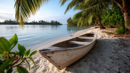 A timeworn canoe resting on a white sandy beach, framed by palm trees in golden morning light. 