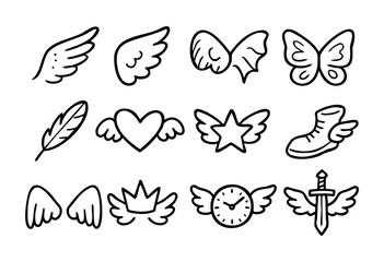 Obraz premium Hand-drawn doodle wings and fantasy icons — angel wings, heart, and sword — stock vector.