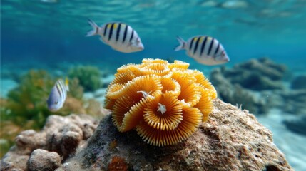 A vibrant coral polyp blooming underwater, surrounded by tropical fish in the Caribbean Sea. 