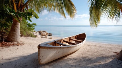 A timeworn canoe resting on a white sandy beach, framed by palm trees in golden morning light. 