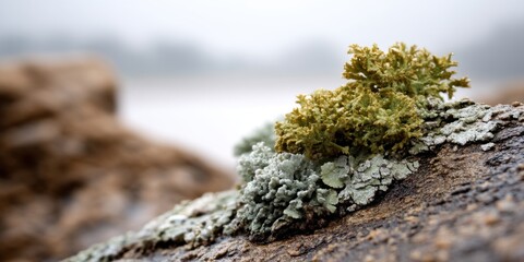 Macro view of lichen patterns on a coastal rock, with sea spray adding texture under overcast skies. 