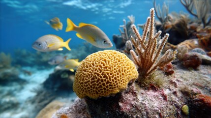 A vibrant coral polyp blooming underwater, surrounded by tropical fish in the Caribbean Sea. 