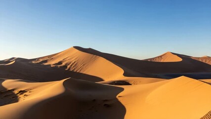 Majestic desert sand dunes at golden hour with rippling textures and dramatic shadows under a clear blue - Powered by Adobe
