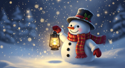 Snowman Holding a Lantern in Winter Night