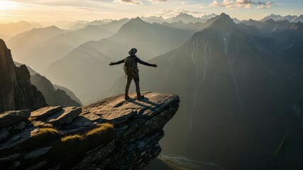 Majestic mountain panorama at sunrise hiker celebrates summit victory arms outstretched embracing golden - Powered by Adobe
