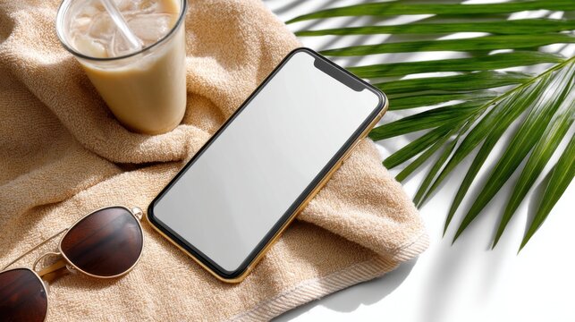 Mockup phone with white screen resting on a tropical beach towel beside a coconut drink and sunglasses. 