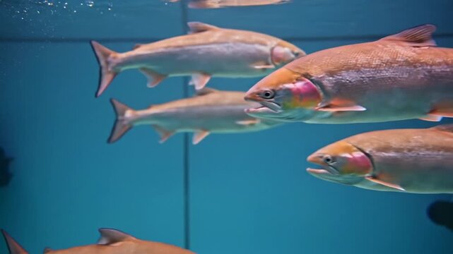 School of Silver Salmon Swimming In Clear Blue Aquarium Water With Natural Light Illuminating Their Scales And Reflecting On Tank Walls