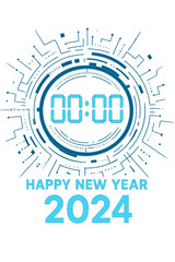 Obraz premium Celebrate the Happy New Year 2024 with an abstract blue light over a futuristic tech backdrop, including a countdown concept; the digital clock is adjustable