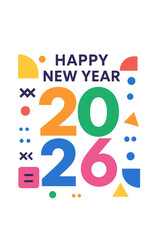 Bold, modern-style social media promotional content featuring abstract, colorful geometric Happy New Year 2026 templates