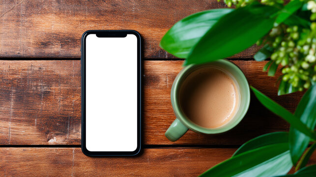 Top view of a smartphone with a blank screen next to a coffee mug on a wooden desk
