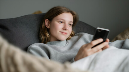 Smiling teenage girl using a smartphone while relaxing on a couch at home