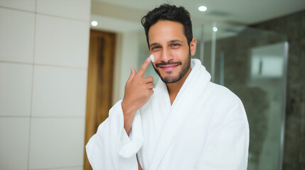 Handsome man in a white bathrobe applying moisturizing cream to his face