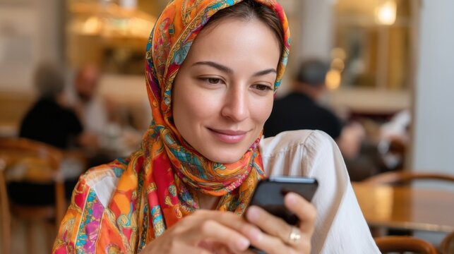 Portrait of a young woman in a vibrant hijab texting on a smartphone in a bustling city cafe.