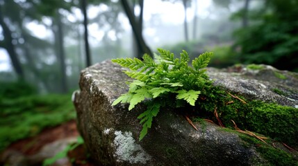 Obraz premium Vibrant green moss and delicate ferns clinging to a wet boulder in a misty forest. 