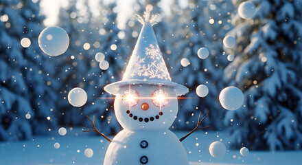 Glowing Snowman in a Snowy Forest