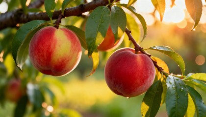 A close-up shot at eye level captures a cluster of ripe red peaches hanging from a tree branch.