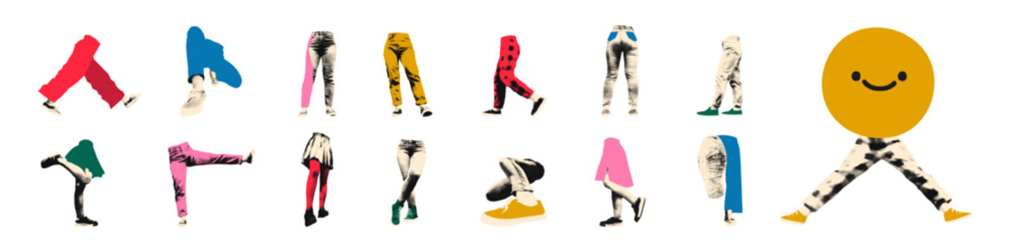 Legs walking, sitting, standing wearing jeans, skirts and sneakers halftone art collage cut outs set. Various paper clippings, funny stickers with doodles. Modern retro mixed media vector illustration