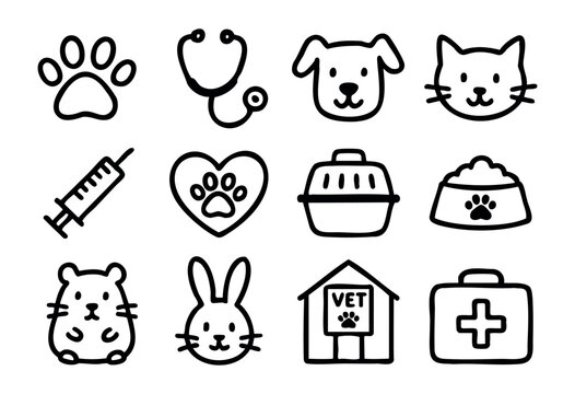 Hand-drawn doodle veterinary and pet care icons &mdash; dog, cat, and medical kit &mdash; stock vector.