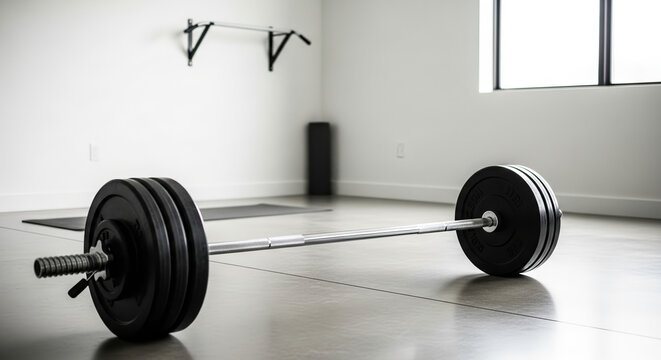 Heavy barbell ready for strength training workout.
A wide shot of a standard weightlifting barbell, heavily loaded with black weight plates, resting on the floor of a clean, minimalist workout space