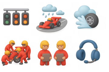 Night race icon set featuring racing car, traffic light, and pit crew in simple design for digital and print use