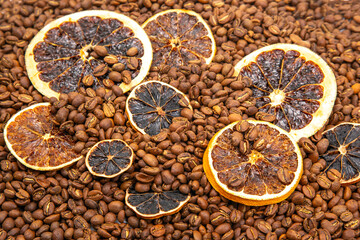 Warm and inviting image of dried citrus slices mingled with roasted coffee beans, capturing a rustic and aromatic essence. coffee aroma and taste descriptors