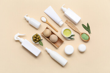 Composition with different cosmetic products, natural ingredients and massage balls on color background