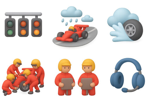 Night race icon set featuring racing car, traffic light, and pit crew in simple design for digital and print use