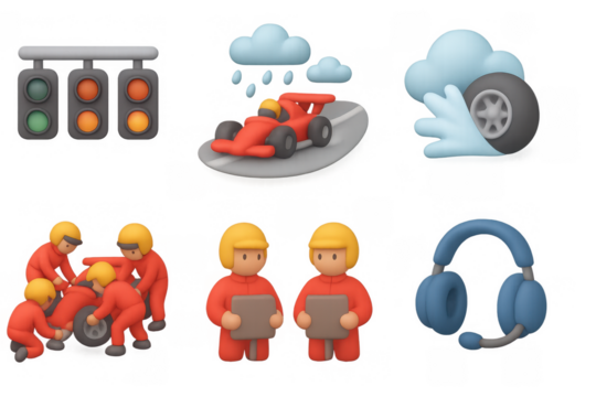 Night race icon set featuring racing car, traffic light, and pit crew in simple design for digital and print use