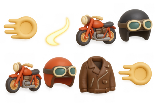 Retro racing icons with motorcycles, helmets, and leather jacket for vintage design