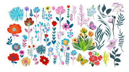 Set of different colored vector flowers . hand drawn. Not AI, Vector illustration