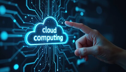 Hand points to cloud computing icon over digital circuit board background. Shows modern data storage, processing tech, global network connectivity. Concept for server access, online services future.