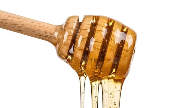 Delicious golden honey dripping from a wooden dipper on white isolated on transparent background, isolated on white background