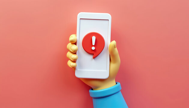 Cute cartoon hand holds white smartphone with big red alert notification icon. 3d illustration urgent message, important reminder, error pop up on mobile tech device. People get app alerts.