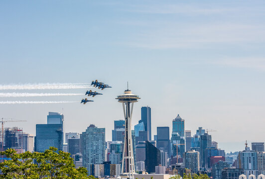 The Blue Angels fly past the Space Needle during the annual Seafair event in Seattle - August 5, 2018