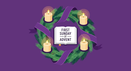 Celebrate the First Sunday of Advent with this festive wreath, perfect for church bulletins, holiday cards, and seasonal promotions with a warm, inviting message of hope and peace