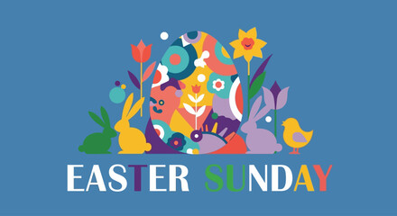 Delightful Easter Sunday celebration with colorful egg, playful bunnies, cheerful chick, and blooming spring flowers for festive greeting cards and seasonal promotions
