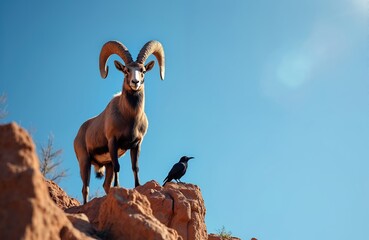 Fototapeta premium Proud male Markhor stands majestically on rugged desert rocks. Large spiral horned wild goat looks at viewer under clear blue sky. Dark bird perches nearby on stone cliff. Impressive wildlife lives
