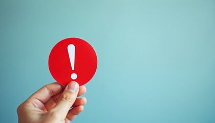 Human hand holds bright red circle sign with white exclamation mark symbol. Represents universal concept of alert, warning, danger, important information, critical message. Light blue background